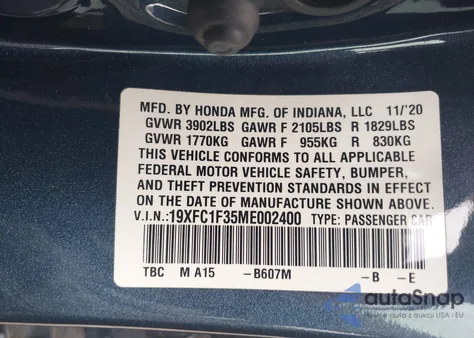 2021 Honda Civic Ex from USA, damaged, VIN 19XFC1F35ME002400